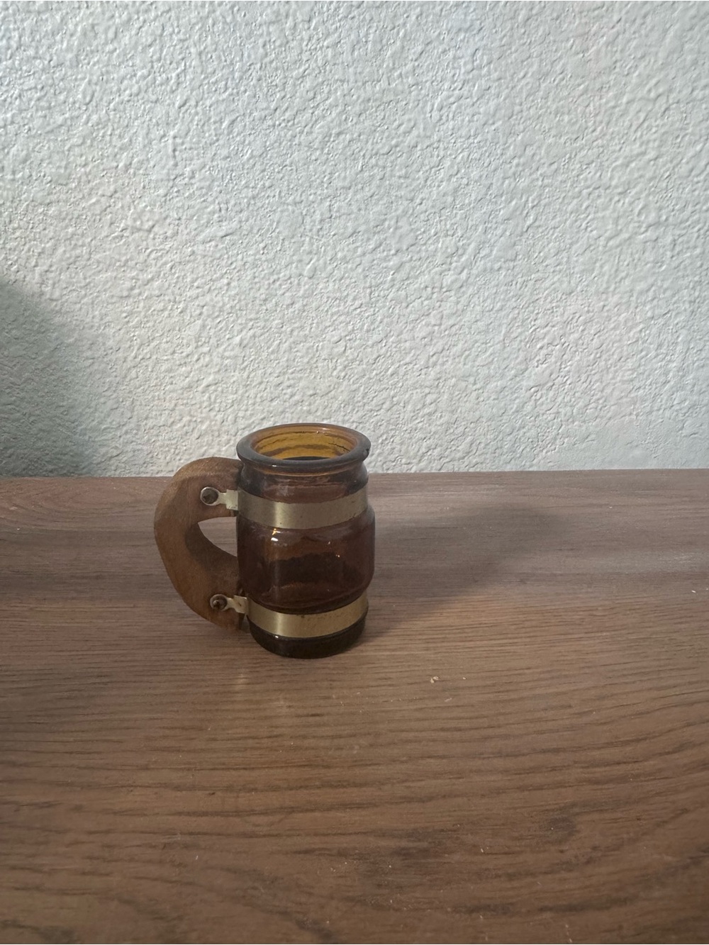 Amber Glass Mini Mug with Wood Handle and Brass Bands